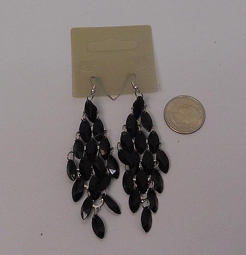 Women Black Tiered Bead Earrings Drop Dangle Silver Tones Hook Fasteners Unbrand