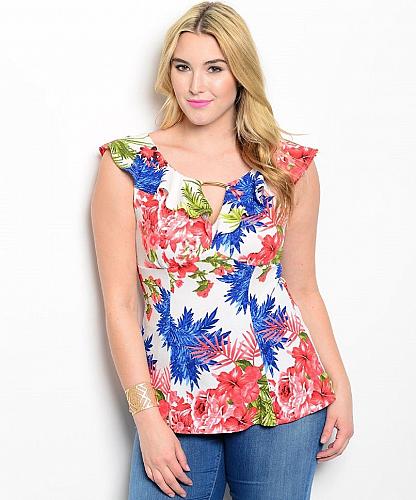 VIVA YOU Women's Empire Waist Top Blouse Floral Sleeveless Ruffled Neck