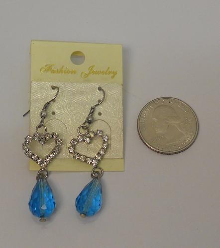 Heart Earrings Women Drop Dangle Blue Beads Silver Tones Rhinestones Hook Fasten