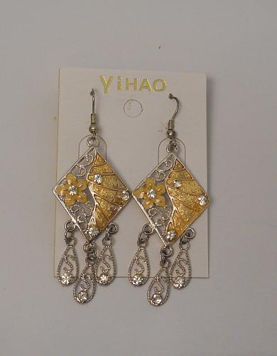 Women Flower Earrings Drop Dangle Rhinestones Silver Tones Hook Fasteners YIHAO