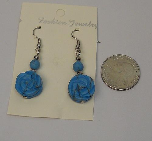 Women Blue Flower Earrings Drop Dangle Silver Tones Hook Fasteners FASHION