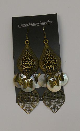 Women White Shell Earrings Drop Dangle Brassy Gold Tones Hook Fasteners FASHION