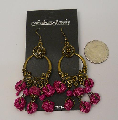 Women Pink Monkey Knot Earrings Drop Dangle Gold Tones Hook Fasteners FASHION