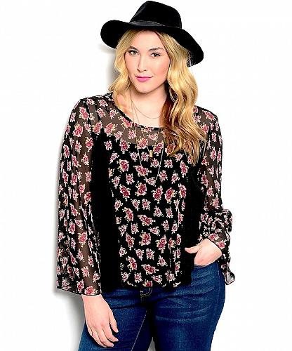 Womens Sheer Floral Top PLUS SIZE 2XL Lace Inserts Back Ties Split Wrap Back