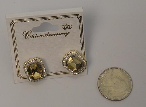 Square Earrings Women Fashion Stud Rhinestones Gold Tones Push Back Fasteners