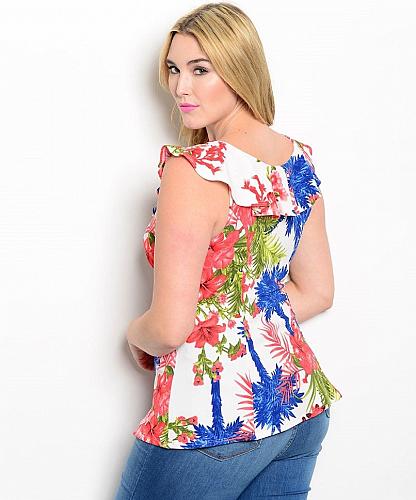 VIVA YOU Women's Empire Waist Top Blouse Floral Sleeveless Ruffled Neck