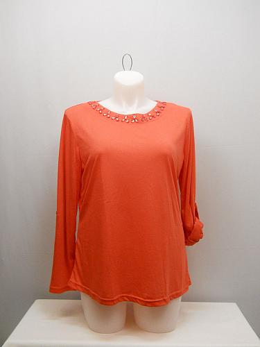 Knit Top Dark Coral Womens PLUS SIZE 1XL 2XL 3XL Embellished Neck Long Sleeves