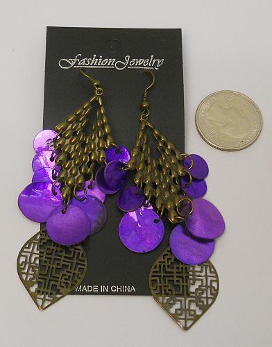 Purple Shell Earrings Women Drop Dangle Brassy Gold Tones Hook Fastener FASHION