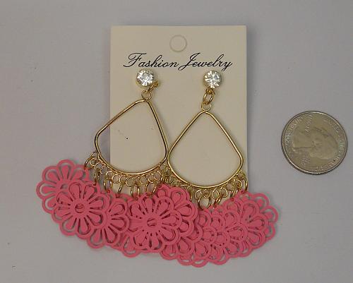 Women Earrings Drop Dangle Pink Flower Gold Tones Rhinestones Push Back Fastener
