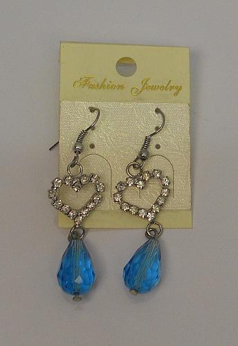 Heart Earrings Women Drop Dangle Blue Beads Silver Tones Rhinestones Hook Fasten