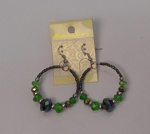 Women Green Beaded Hoop Earrings Drop Dangle Silver Tones Hook Fasteners FASHION