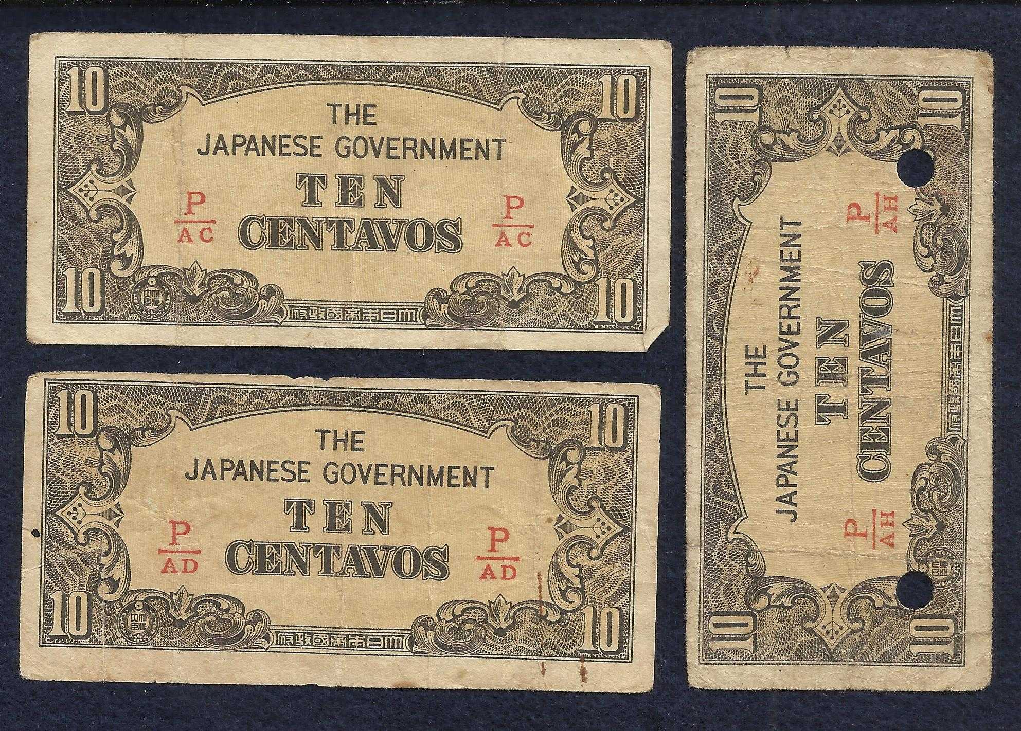 Japan WWII Invasion Money Three (3) Small Note 10 Centavo P/AC,P/AD