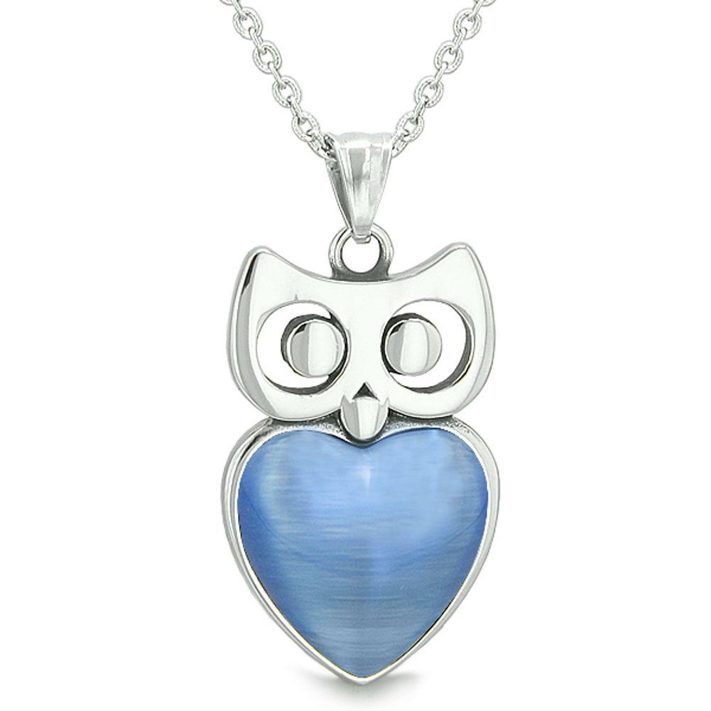 Amulet Owl Cute Heart Lucky Charm Positive Energy Star Blue Simulated Cats Eye Leather Pendant Necklace