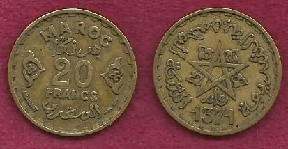 Morroco Maroc 20 Franc 1371 Ah 1951 1952 Rare Coin Empire Cherifien For Sale Marokko francuzskoe 20 frankov 1371 1952 muhammed v. unisquare