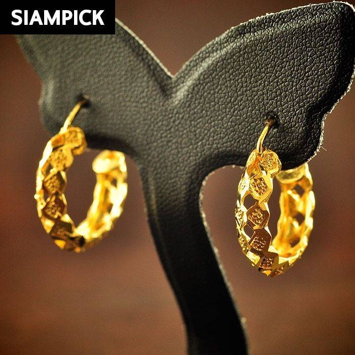 Thai Baht Yellow Gold Filled Real Hoop Dangle Earrings 18k