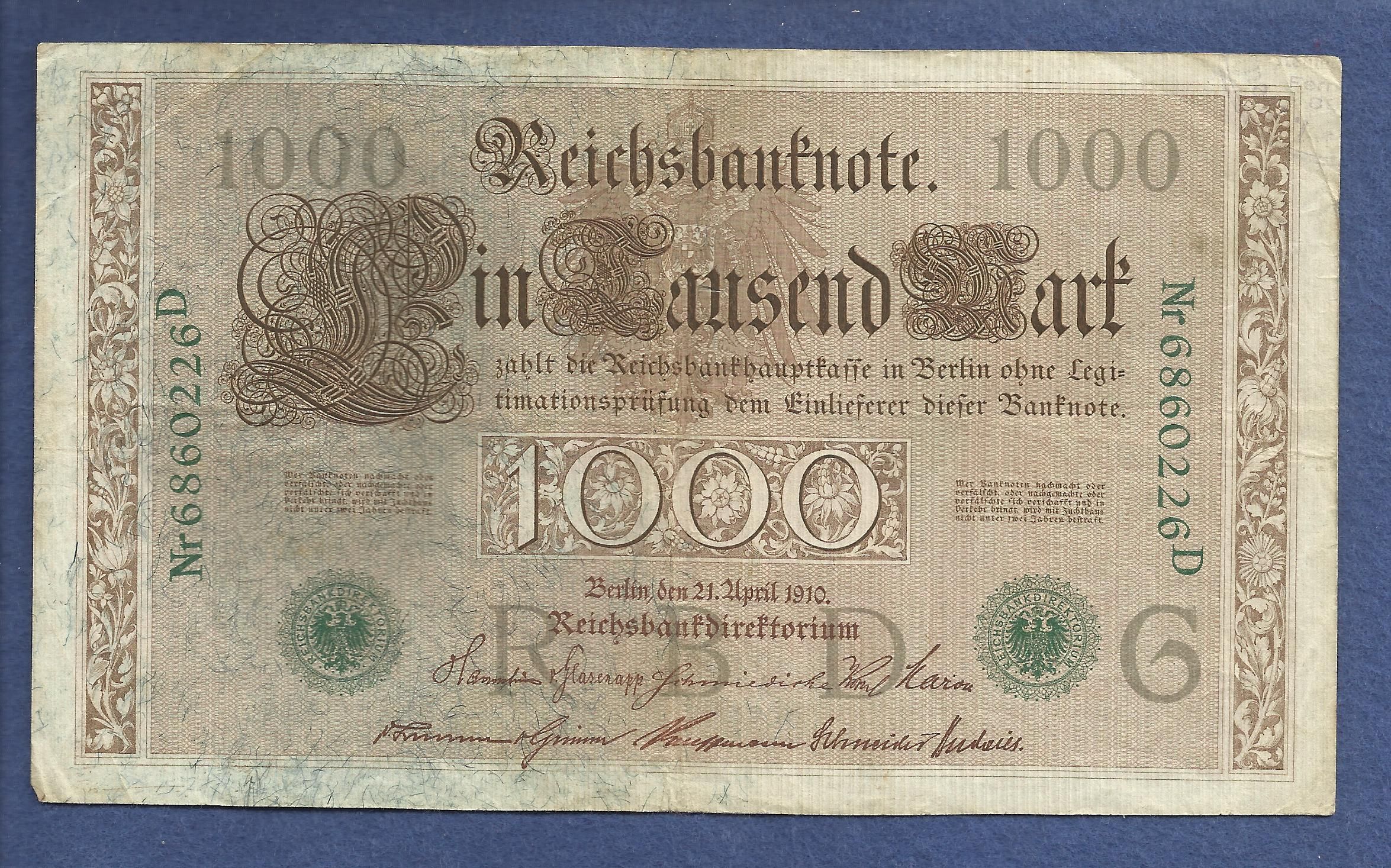 WWI Bill Authentic Historical 1910 Germany 1000 Mark Bank Note with RED SEAL